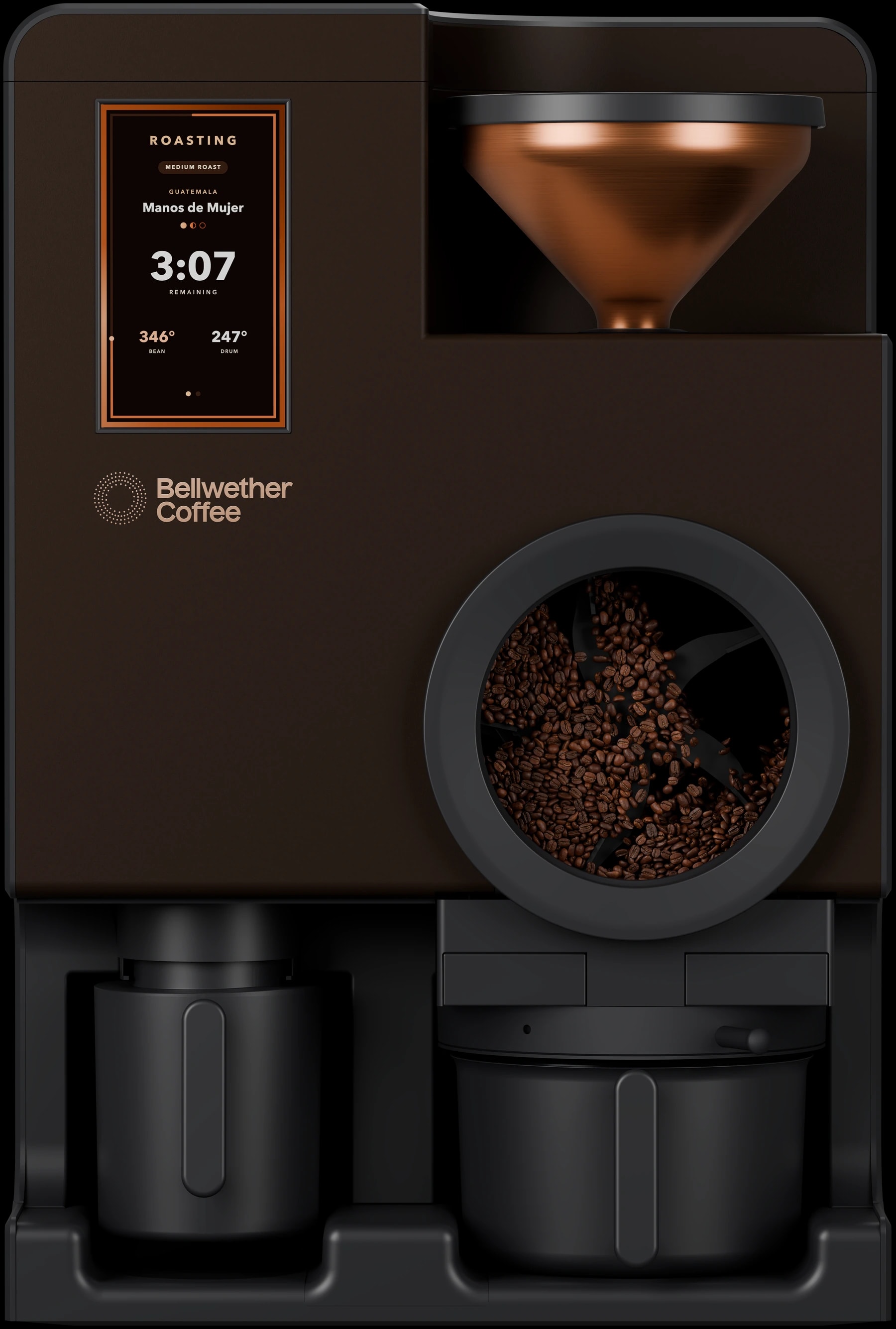 Front view of the Deep Bronze Shop Roaster, with its touchscreen, copper hopper and cooling tray