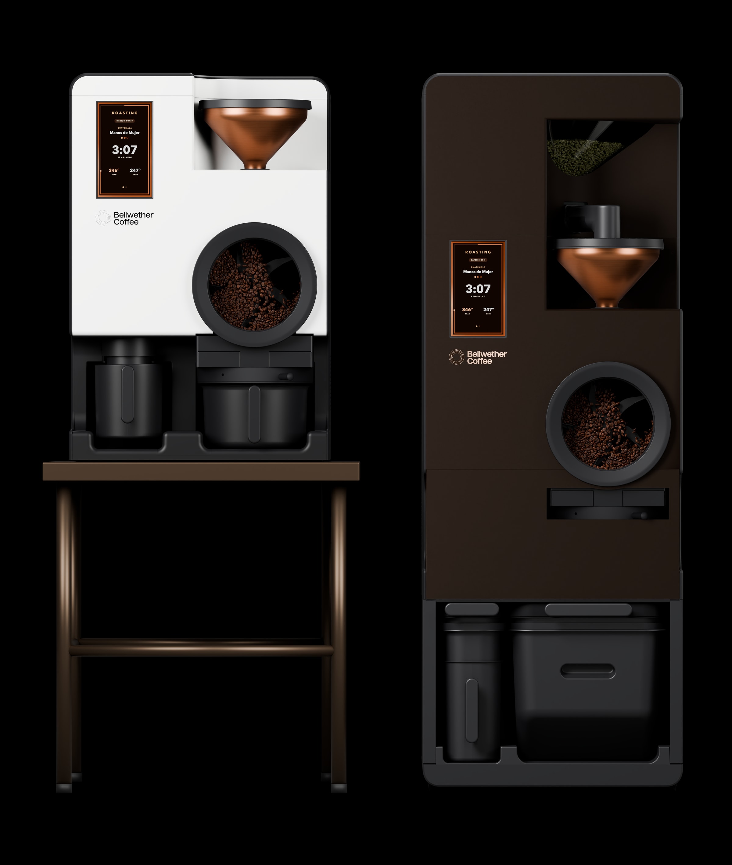 Classic White Shop Roaster on a bronze table with rear legs beside a Deep Bronze Shop Roaster with continuous roasting