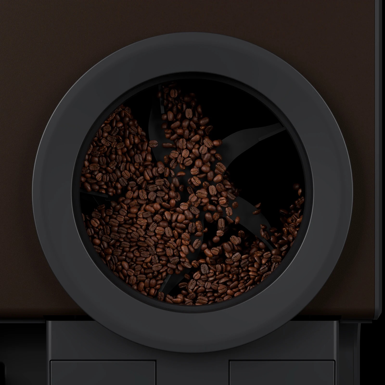 Roasted coffee tumbling behind the Shop Roaster's drum window