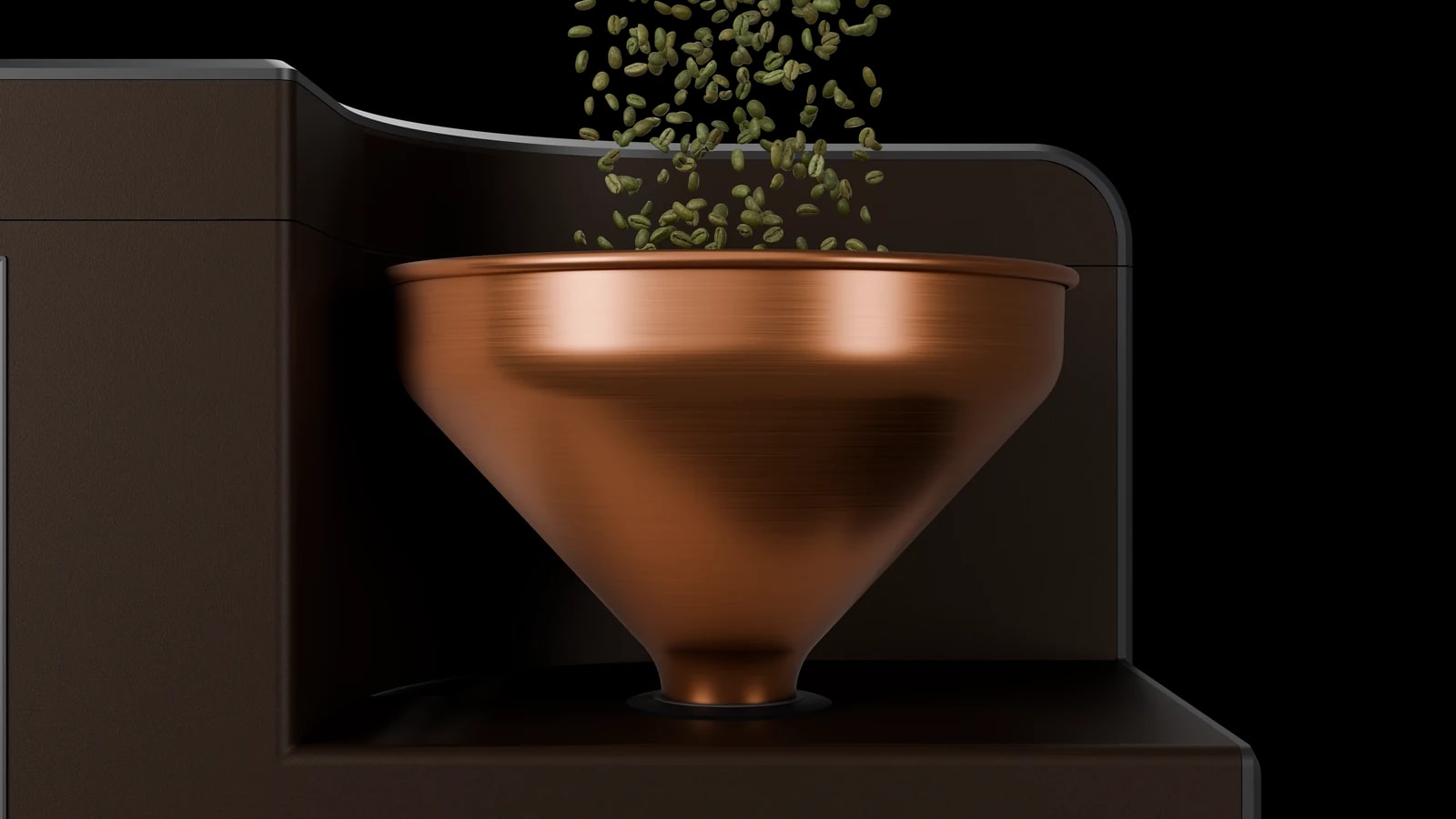Green coffee pouring into the Shop Roaster's copper hopper
