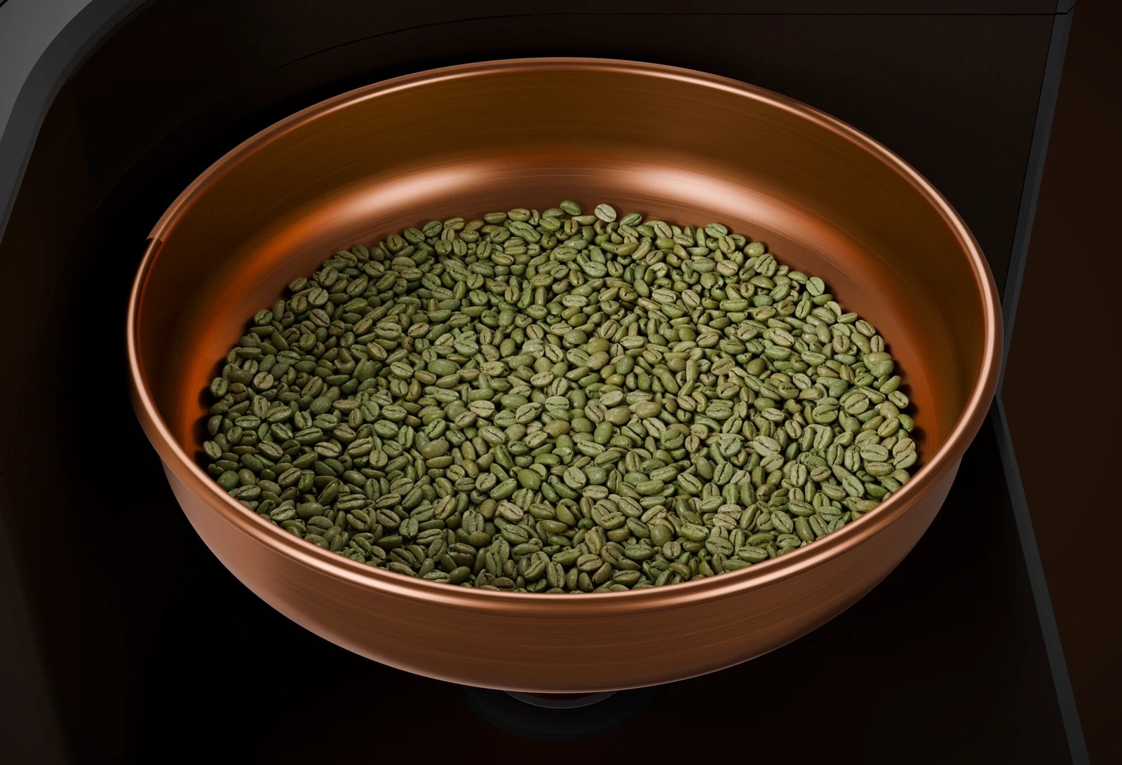 Open copper hopper filled with green coffee on the Deep Bronze Shop Roaster