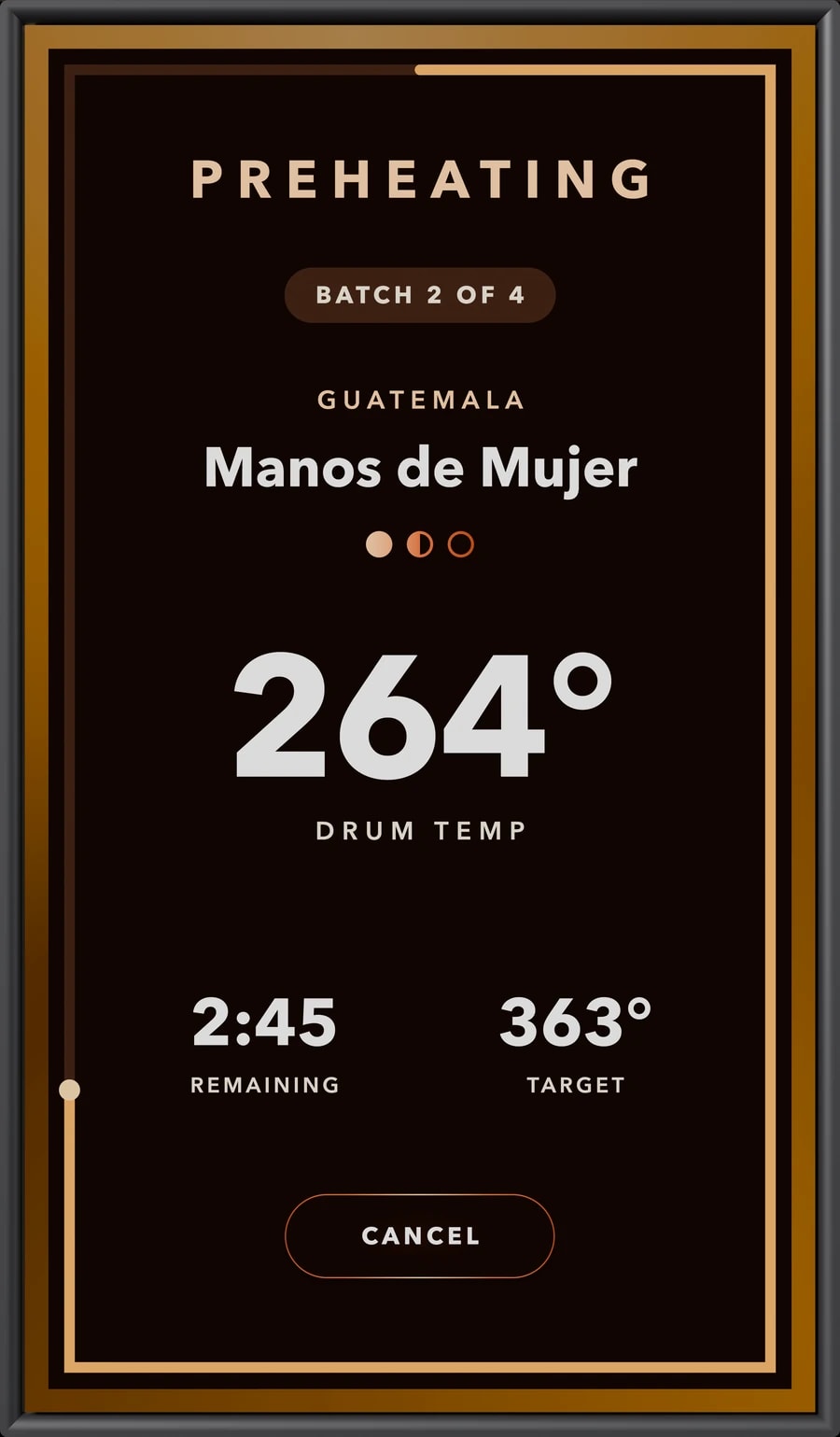 Shop Roaster screen: Preheating